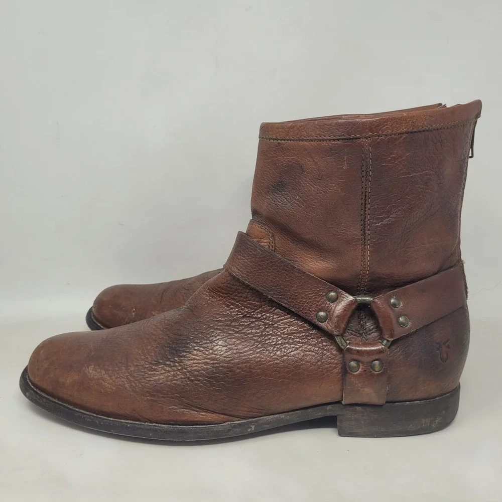 Frye Boots 12D Brown Leather Phillip Harness Short Moto Engineer Distressed Zip